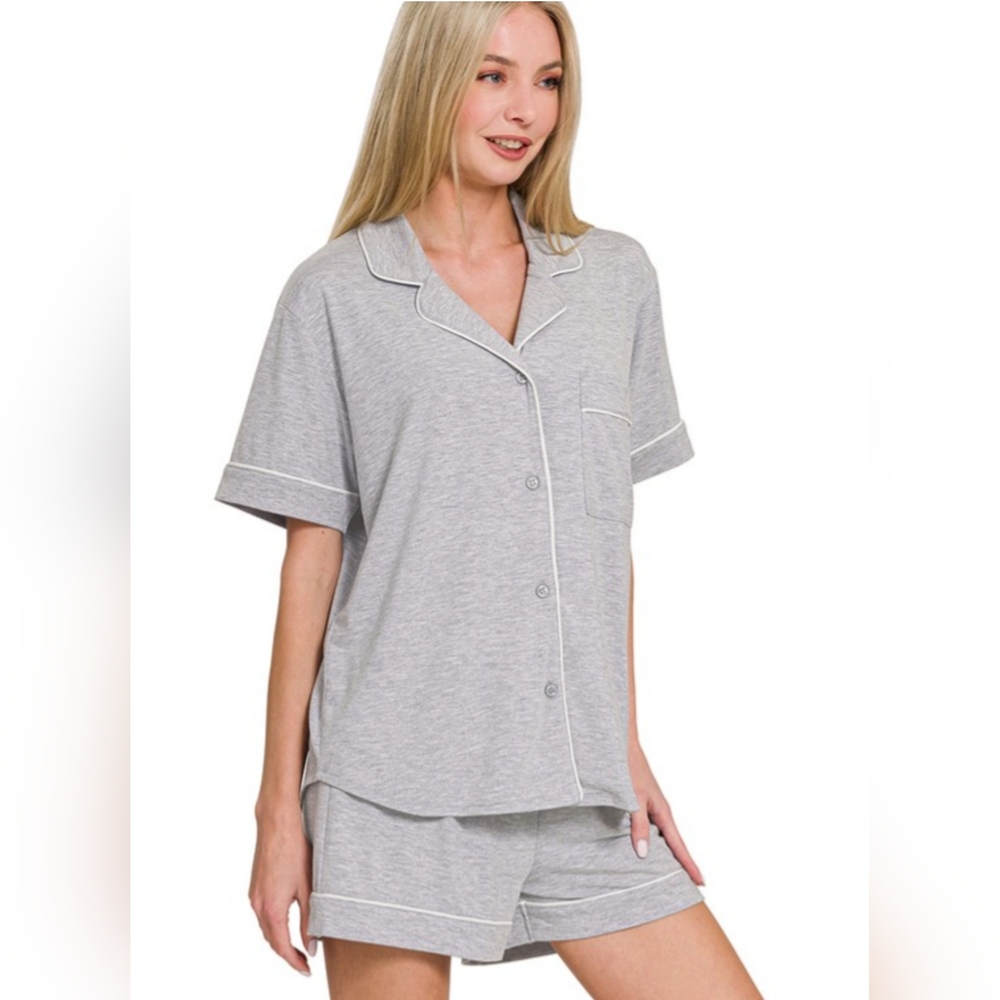 Heather Gray Sleeve Button Down Shirt & Short Set